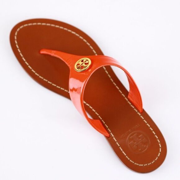 Tory Burch CAMERON Patent Leather Thong Fire Orange 5.5 - Picture 10 of 11